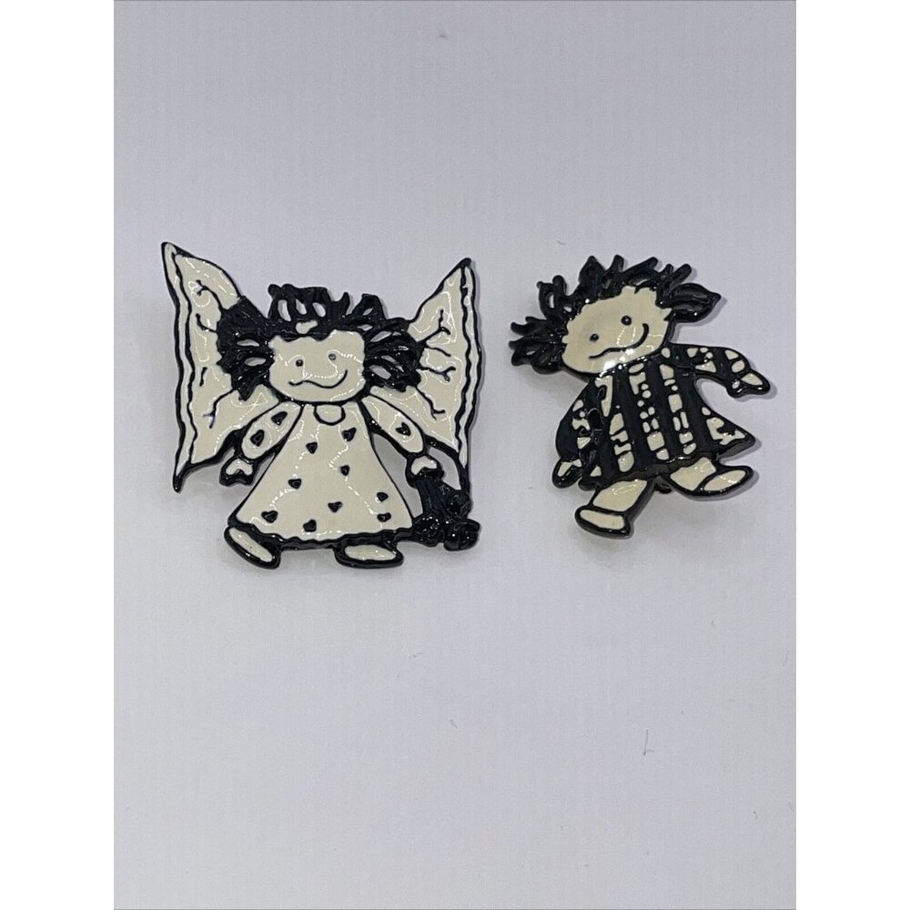 Vintage Set of 2 Black & White Enamel SFJ Steinmetz Brooch Pin Boy Girl‎ Angel